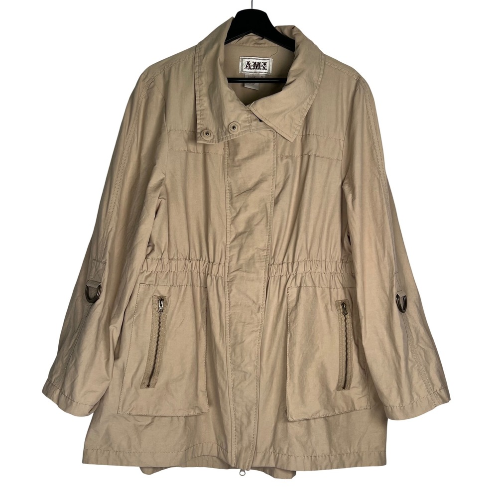 AMI Womens Utility Anorak Jacket Beige Tan Cotton Blend Full Zip Size XL Vintage